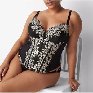 Cacique Lane Bryant Lace Longline Corset Bra Floral Mesh Black Gold 42C